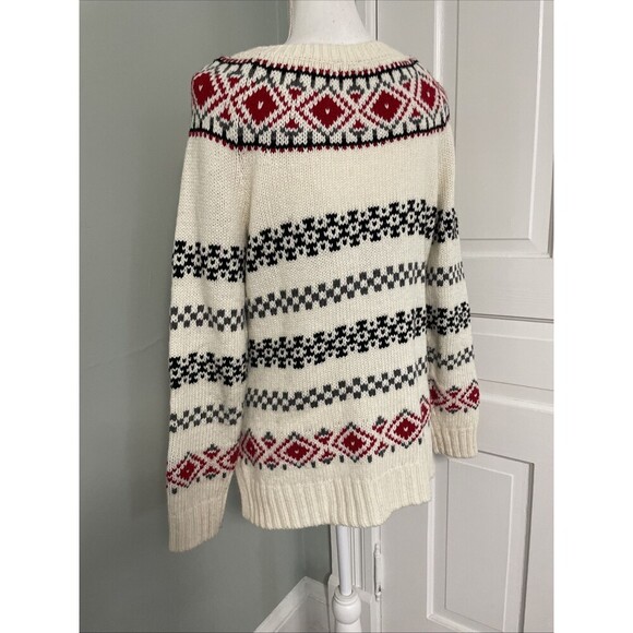 Talbots Sweater Warm Winter Medium Red Black Cream Nordic Fair isle Wool Blend - Picture 3 of 5